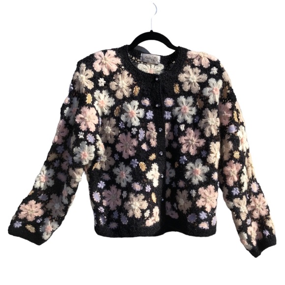 RARE‼️ Crochet Cardigan Mohair Black Floral Button Down , by Flame Size L - Picture 3 of 16